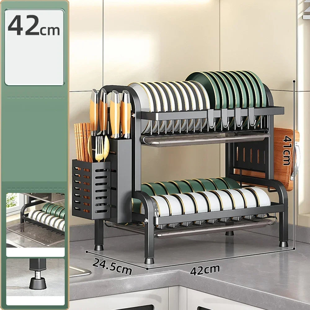 Carbon Steel Kitchen Dishes Drying Storage Rack With Drain Tray Large-capacity Plate Rack Cutlery Chopping Board Tool Organizer Peaceful Pleasures Health and Wellness style B