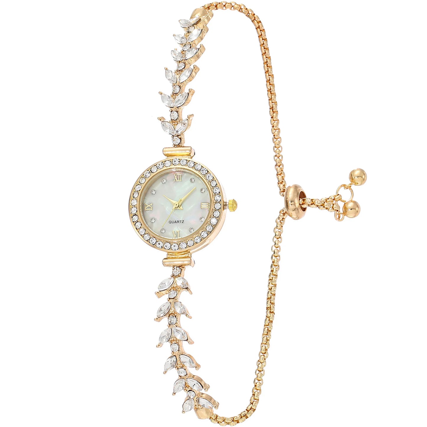 Mermaid Design Diamond Inlaid Bracelet Watch Women Adjustable Strap Quartz Wristwatch Faux Mother of Pearl Golden Ladies Watch Peaceful Pleasures Health and Wellness Gold