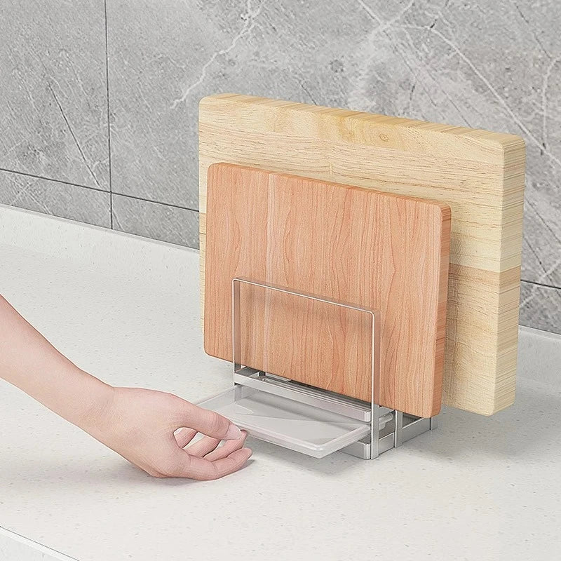 New Practical 304 Stainless Steel Cutting Board Frame Pot Cover Kitchen and Household Cutting Board Storage Rack with Water Tray Peaceful Pleasures Health and Wellness