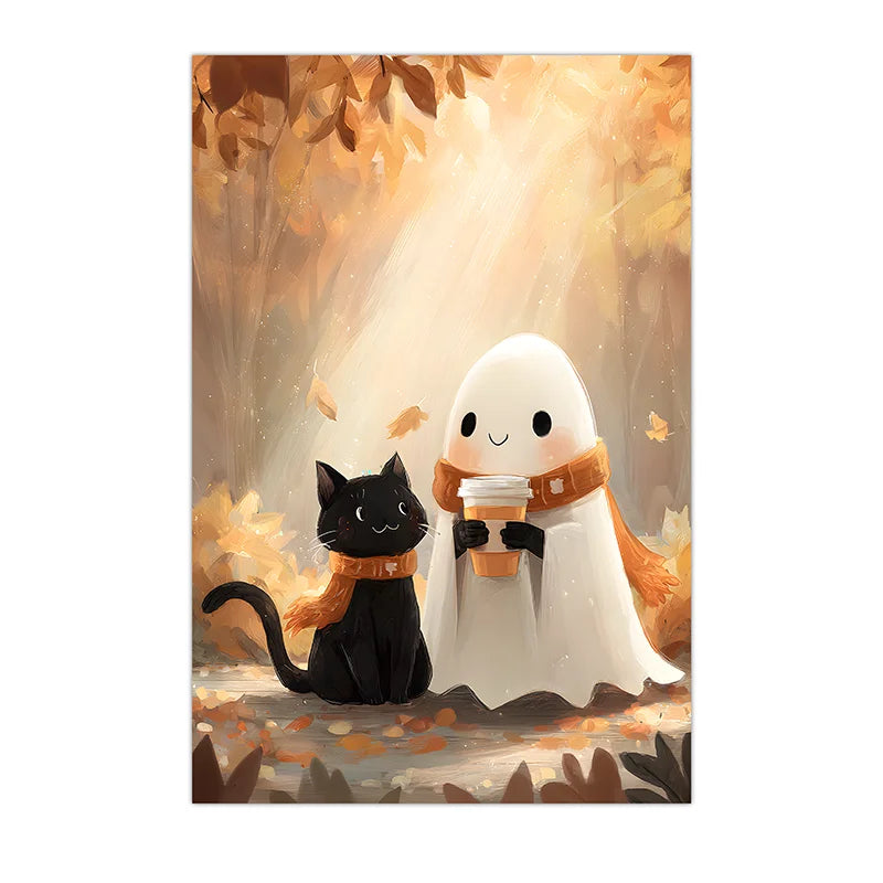 Animal Wall Art, Nordic Cute Ghost and Black Cat Canvas Painting, Halloween Poster Print for Bedroom Living Room Wall Decor Peaceful Pleasures Health and Wellness 03 50x70cm NoFrame China Mainland