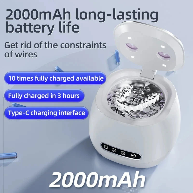 Portable 48KHZ Ultrasonic Denture Cleaner UV Sanitizer Retainer Aligner Cleaning Machine 200ml Travel Braces Pods Jewelry Peaceful Pleasures Health and Wellness