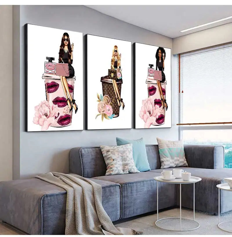 Paris Fashion Girl Flower Canvas Wall Art Print | Unframed Poster