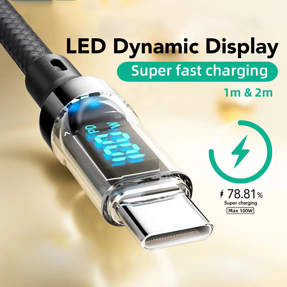120W USB-C Fast Charging Cable with LCD Display – 2m Braided