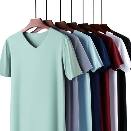 Men's Skinny Shirt Ice Silk Basic Shirts Solid Color Breathable Seamless T-shirt Men Thin Slim Bottoming V-Neck Shirt For Male Peaceful Pleasures Health and Wellness