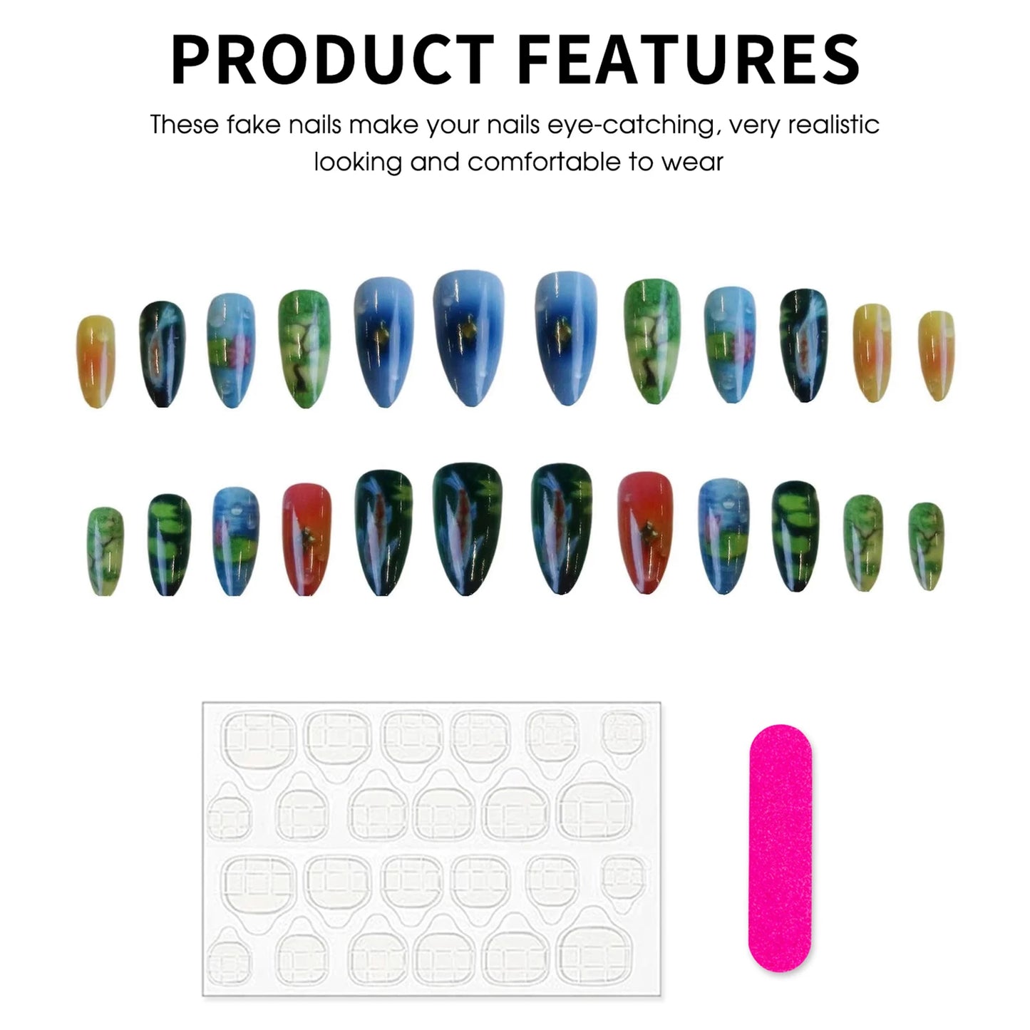 24pc Lotus Koi Press On Nails – Long Almond False Nails