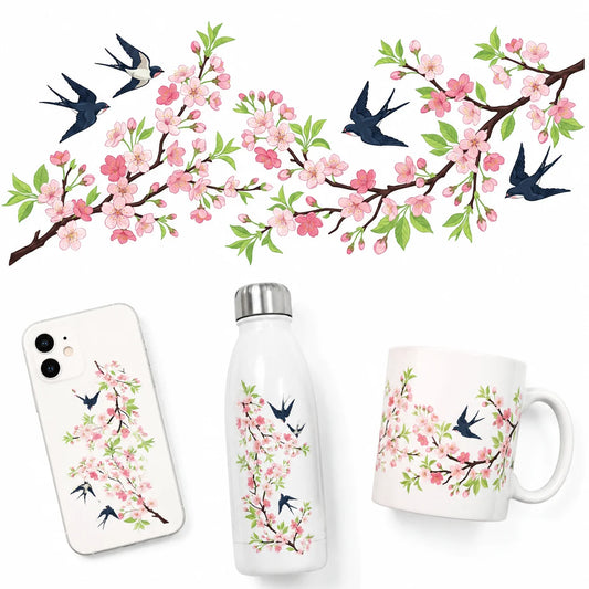 Cherry Blossom Bird UV Transfer Sticker | Floral Rub-On Decal UV Transfer Sticker Peaceful Pleasures Health and Wellness