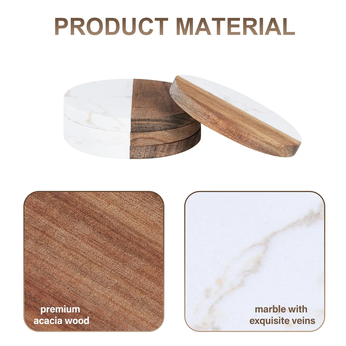Stylish Wooden and Marble Coaster Set, Elegant Design for Coffee Tables, Durable, Perfect for Protecting Your Furniture Peaceful Pleasures Health and Wellness