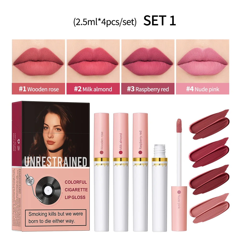 4pcs/set Velvet Lip Gloss Matte Liquid Lipstick Waterproof Long Lasting Tint Cigarette Tube Pigment Red Pink Makeup Peaceful Pleasures Health and Wellness set 1