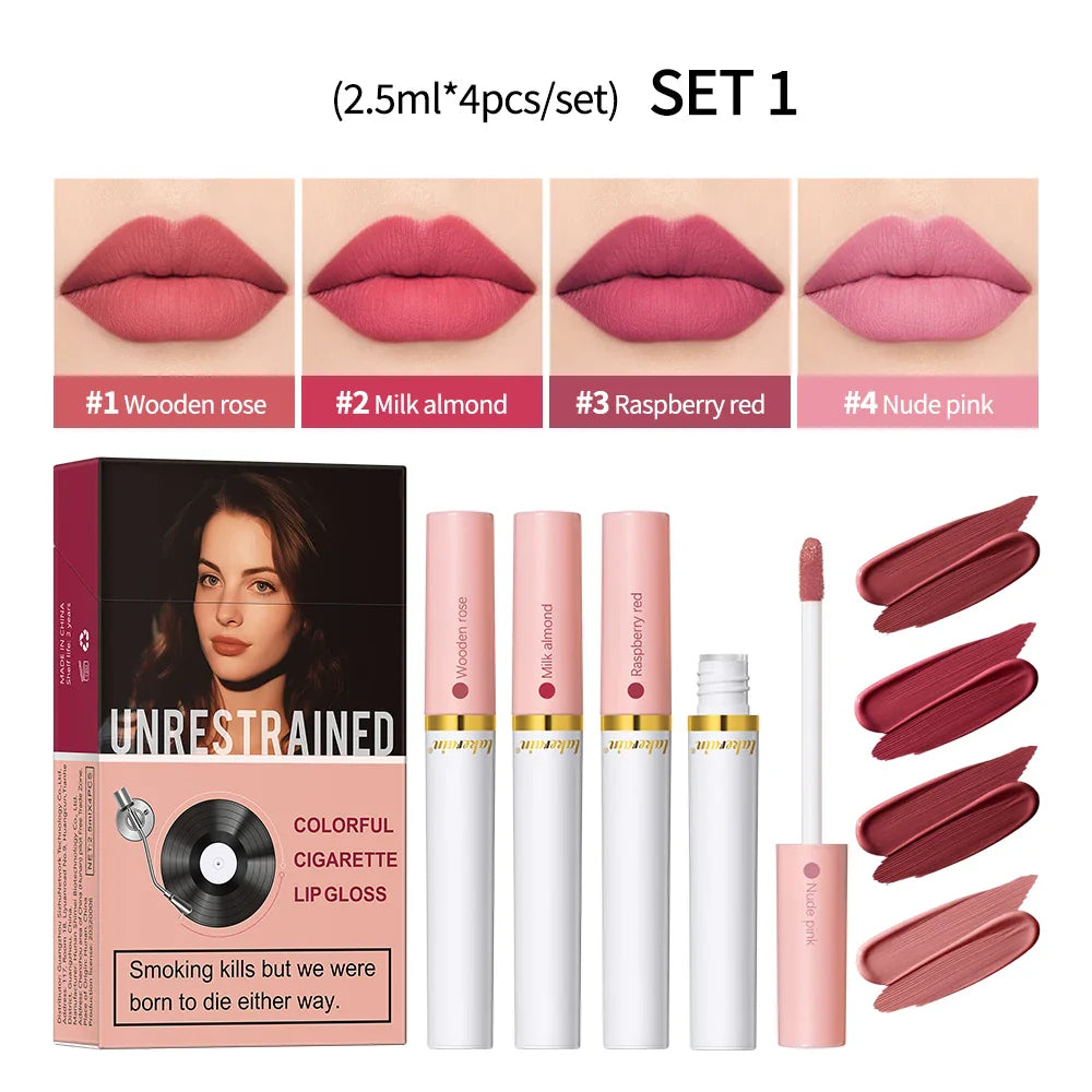 4-Piece Matte Liquid Lipstick Set – Velvet, Waterproof Lip Gloss