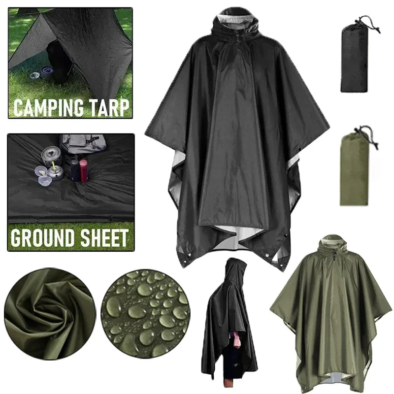 3-in-1 Military Waterproof Rain Poncho – Hiking & Camping
