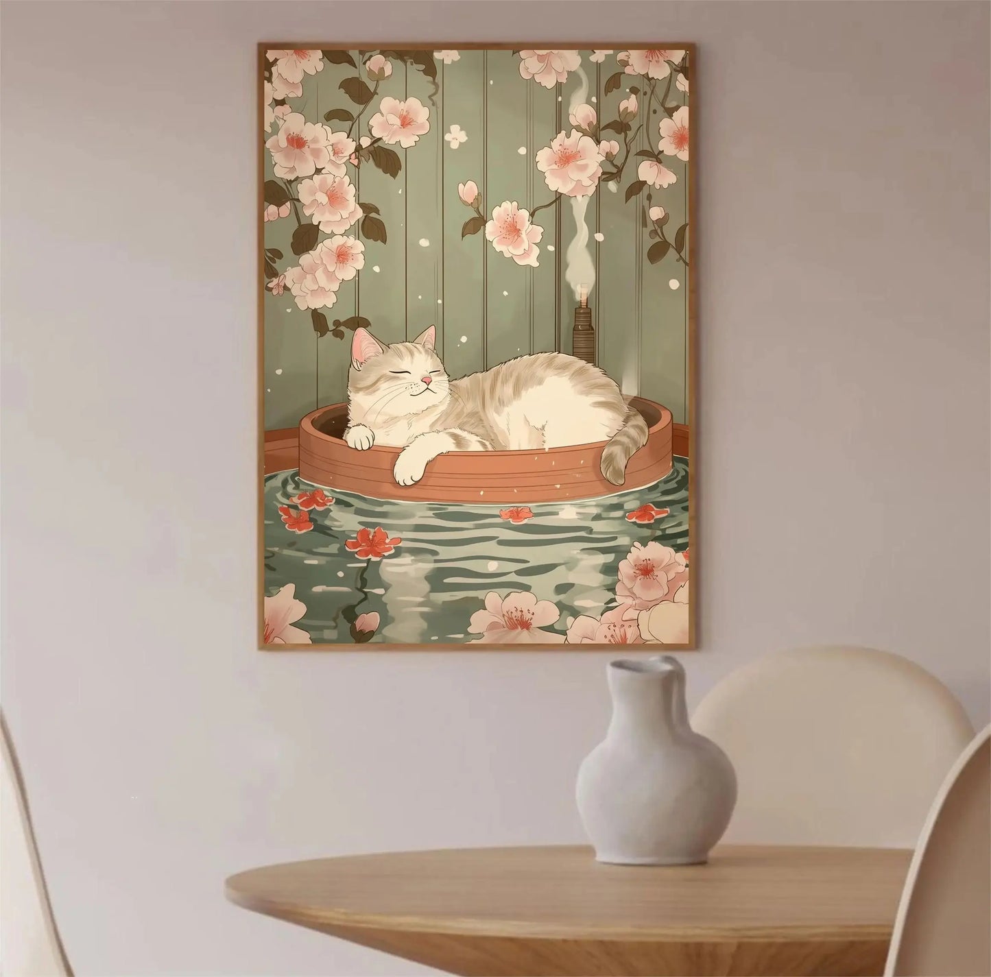 Japanese Cherry Blossom Cat Hot Spring Canvas Wall Art Print Canvas Wall Art Print Peaceful Pleasures Health and Wellness