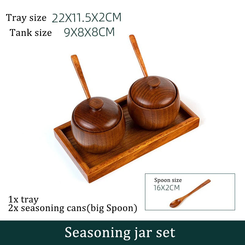 Wooden Seasoning Jar Creative Kitchen Retro Salt Sugar Pot Seasoning Storage Jar With Lid Spoon Wooden Tray Storage Containers Peaceful Pleasures Health and Wellness 3pc small tray set 1