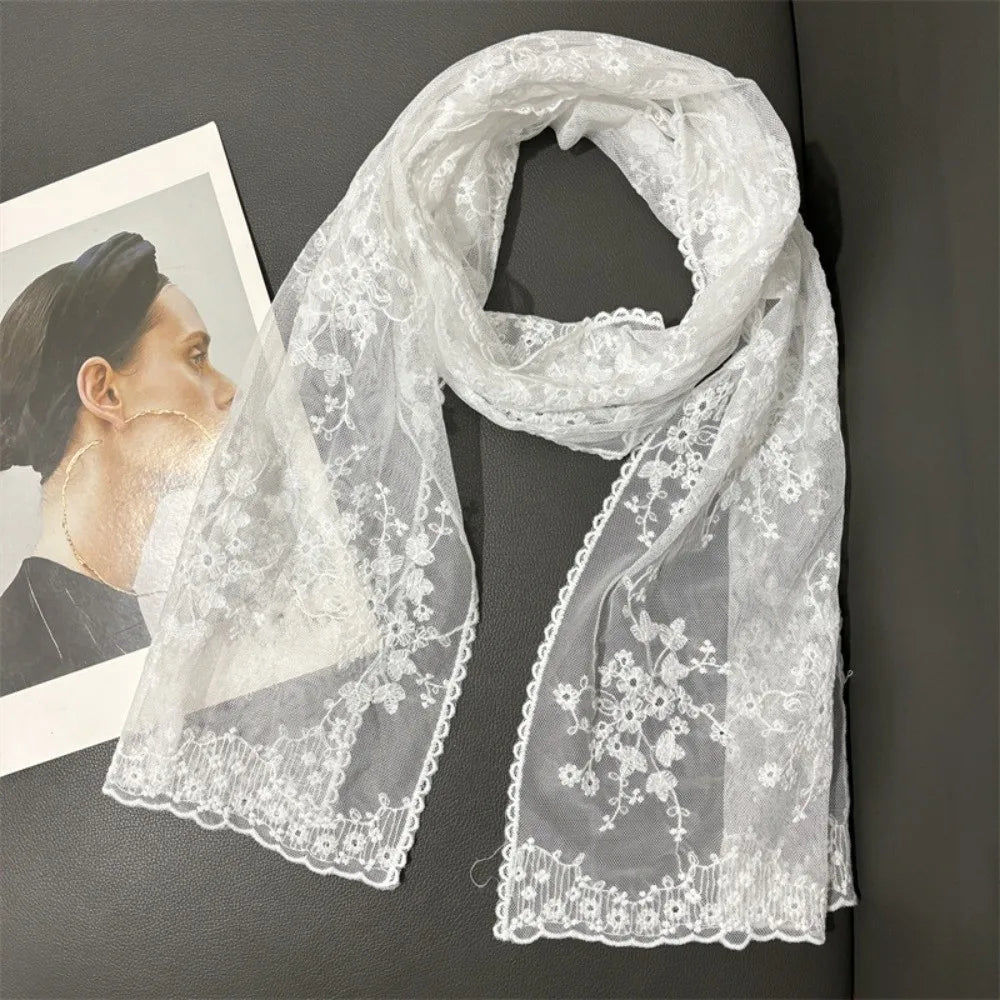 Retro Floral Lace Scarf – Breathable Mesh Shawl for Women