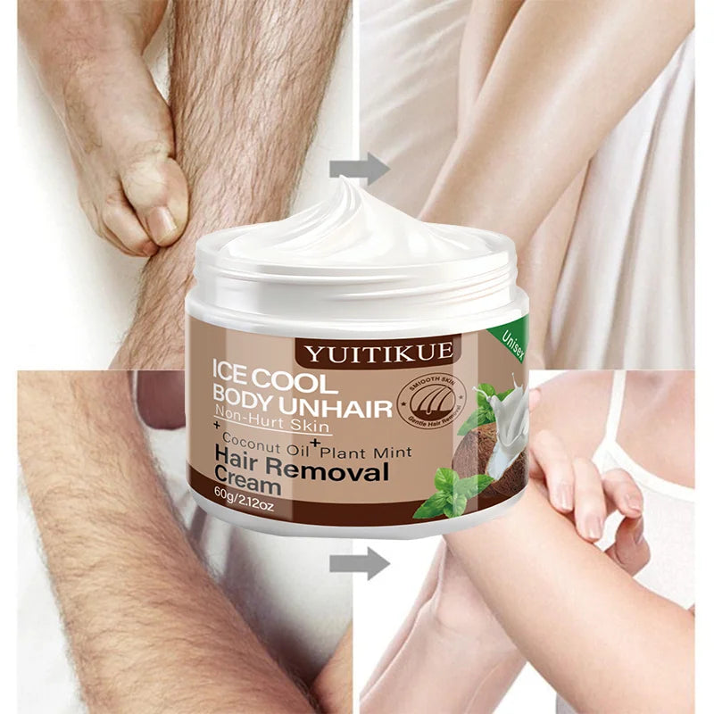 Yuitikue Ice Cool Hair Removal Cream, 60g Gentle Non-Hurt Body Hair Remover with Coconut Oil & Plant Mint, Unisex Peaceful Pleasures Health and Wellness