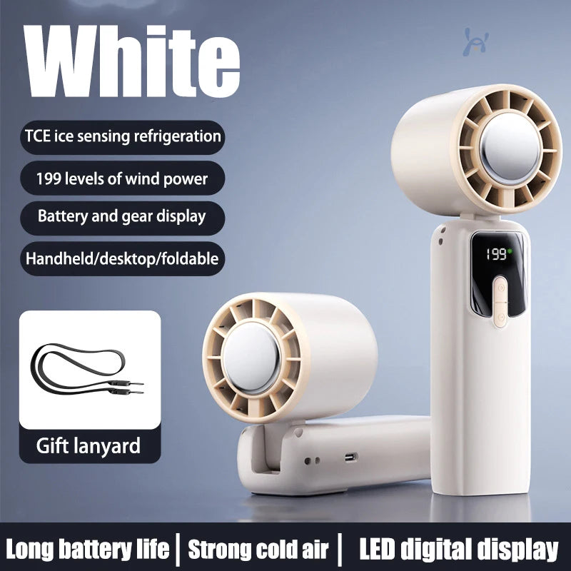 Lenovo Portable Handheld Small Fan 100-Speed Powerful Wind Cold Air Electric Fan Charging Foldable 90° Adjustable Outdoor Travel Peaceful Pleasures Health and Wellness White-refrigeration
