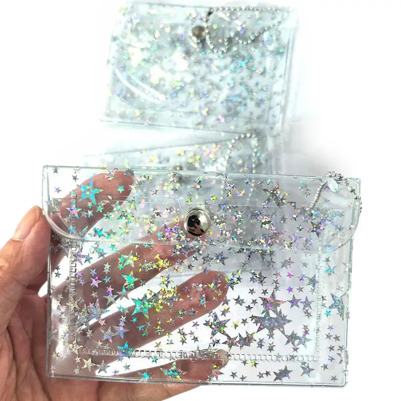Clear PVC Star Glitter Card Holder Mini Coin Purse Keyring