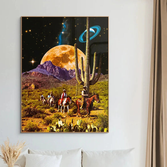 Retro Space Western Cowboys Canvas Wall Art Print | Home Decor Canvas Wall Art Peaceful Pleasures Health and Wellness G5258 30x40cm Black Framed