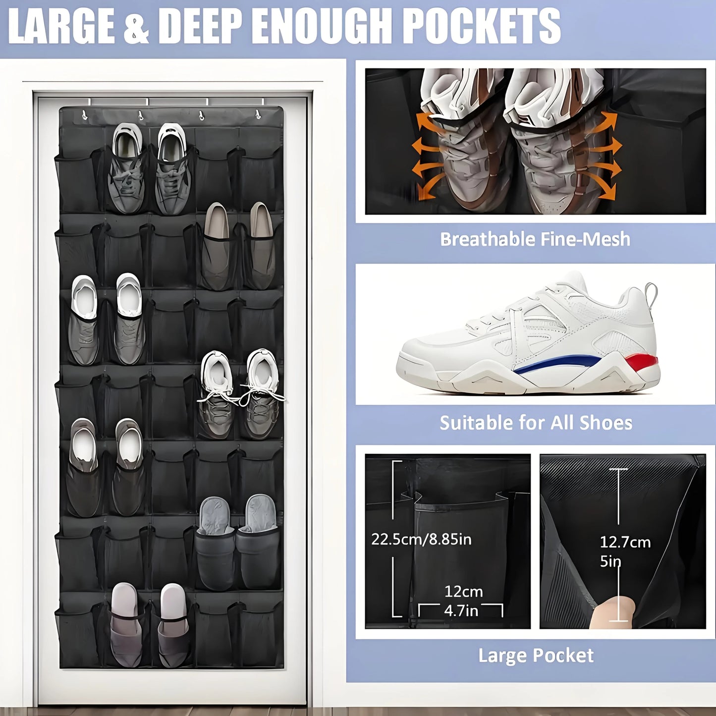 Over the Door Shoe Organizer – 24 Large Mesh Pockets Door Shoe Organizer Peaceful Pleasures Health and Wellness