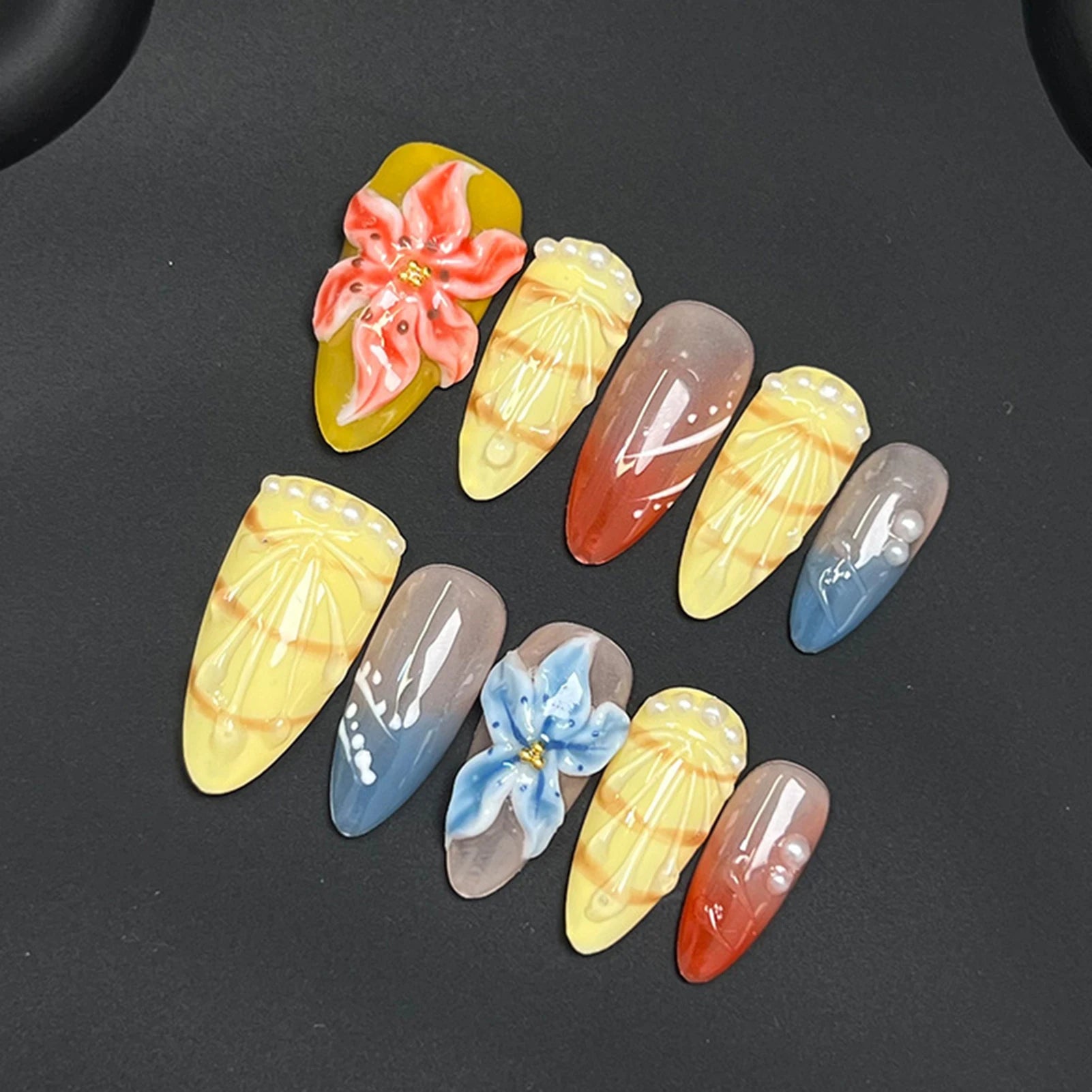 10pcs Handmade Dopamine Press on Nails French Style 3D Tropical Flower Decor Fake Nails Wearable Romantic Almond False Nail Tips Peaceful Pleasures Health and Wellness