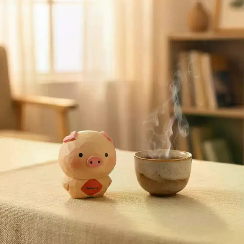 Handmade Wooden Pig Figurine Fu Character Desk Ornament Gift