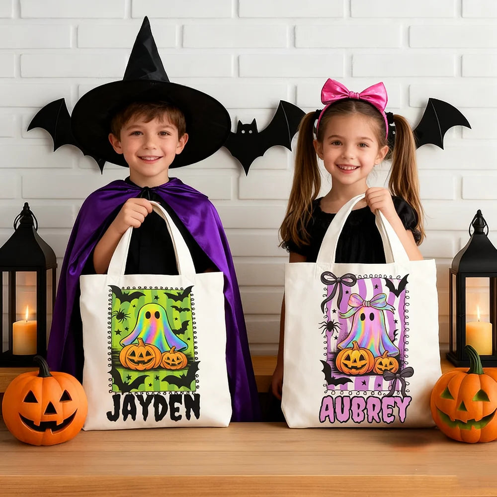 Personalized Halloween Ghost Tote Bag | Custom Name Candy Bag Personalized Tote Bag Peaceful Pleasures Health and Wellness