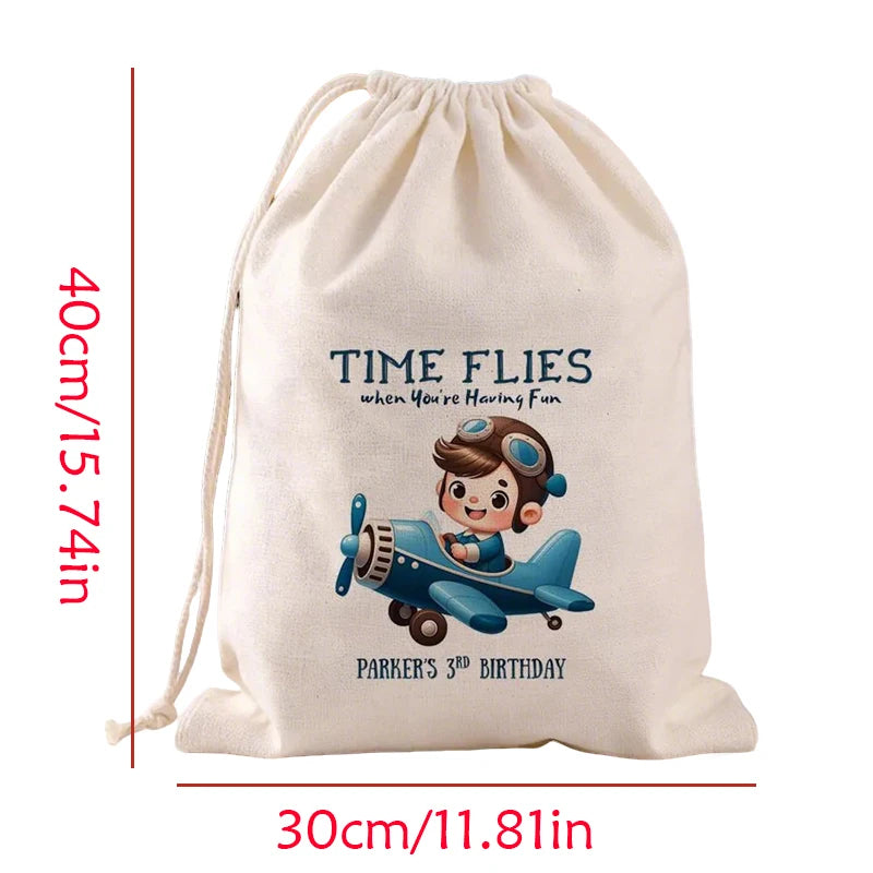 Personalized Pilot Airplane Drawstring Party Favor Bags for Boys