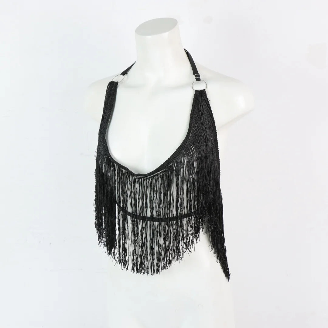 UYEE Women's Black Halter Adjustable Elastic Harness Tassel Detail
