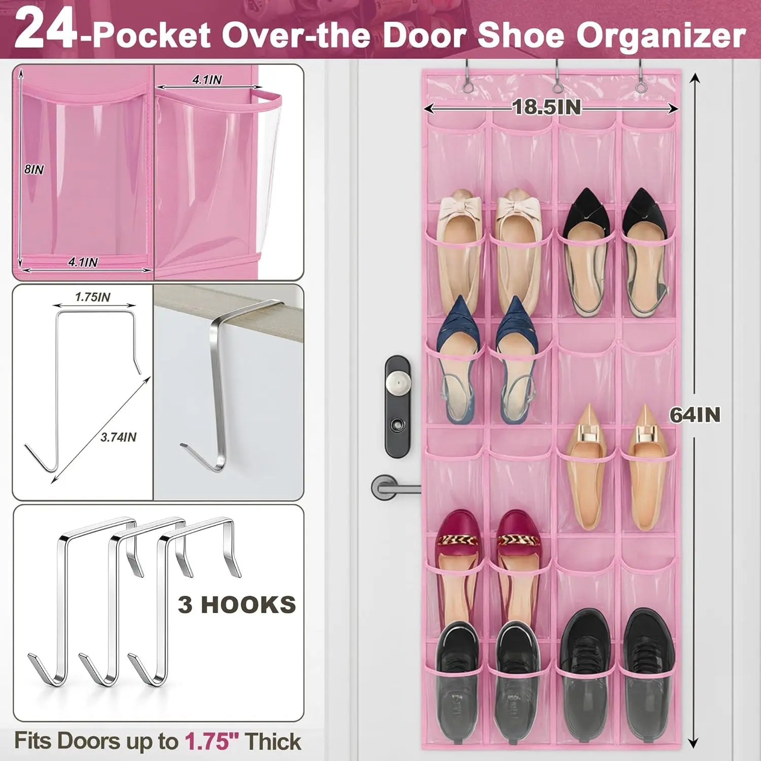 Pink over-the-door shoe organizer with measurements and shoe examples on a white background