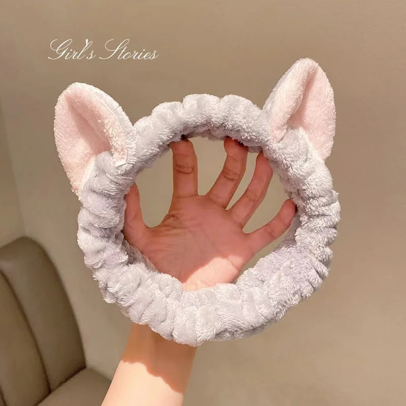 Cat Ear Coral Plush Headband – Soft Bow Makeup Hair Band