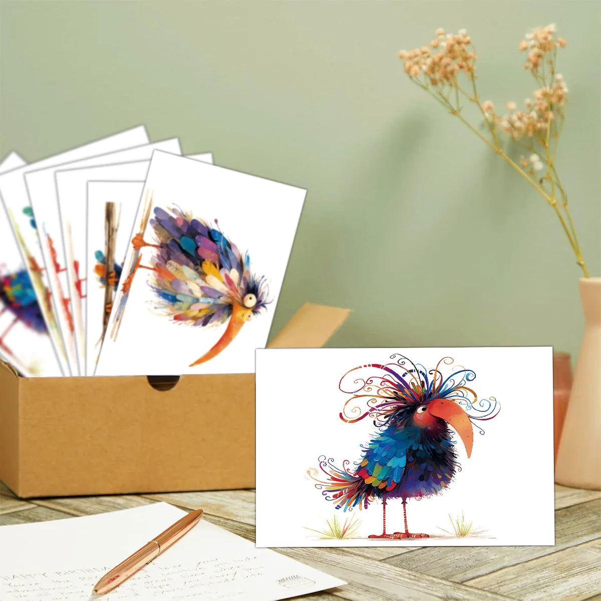 Funny Bird Watercolor Thank-you Card Handwritten Blank Postcards