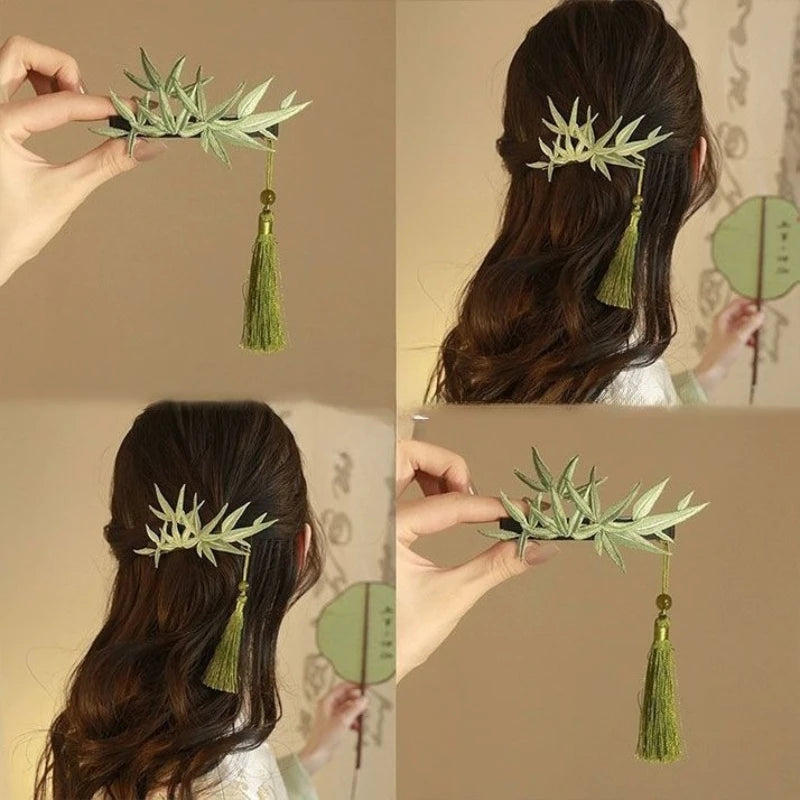 National Style Bamboo Leaf Tassel Hair Clip Womens Curly Hair Side Clip Hair Accessory Peaceful Pleasures Health and Wellness