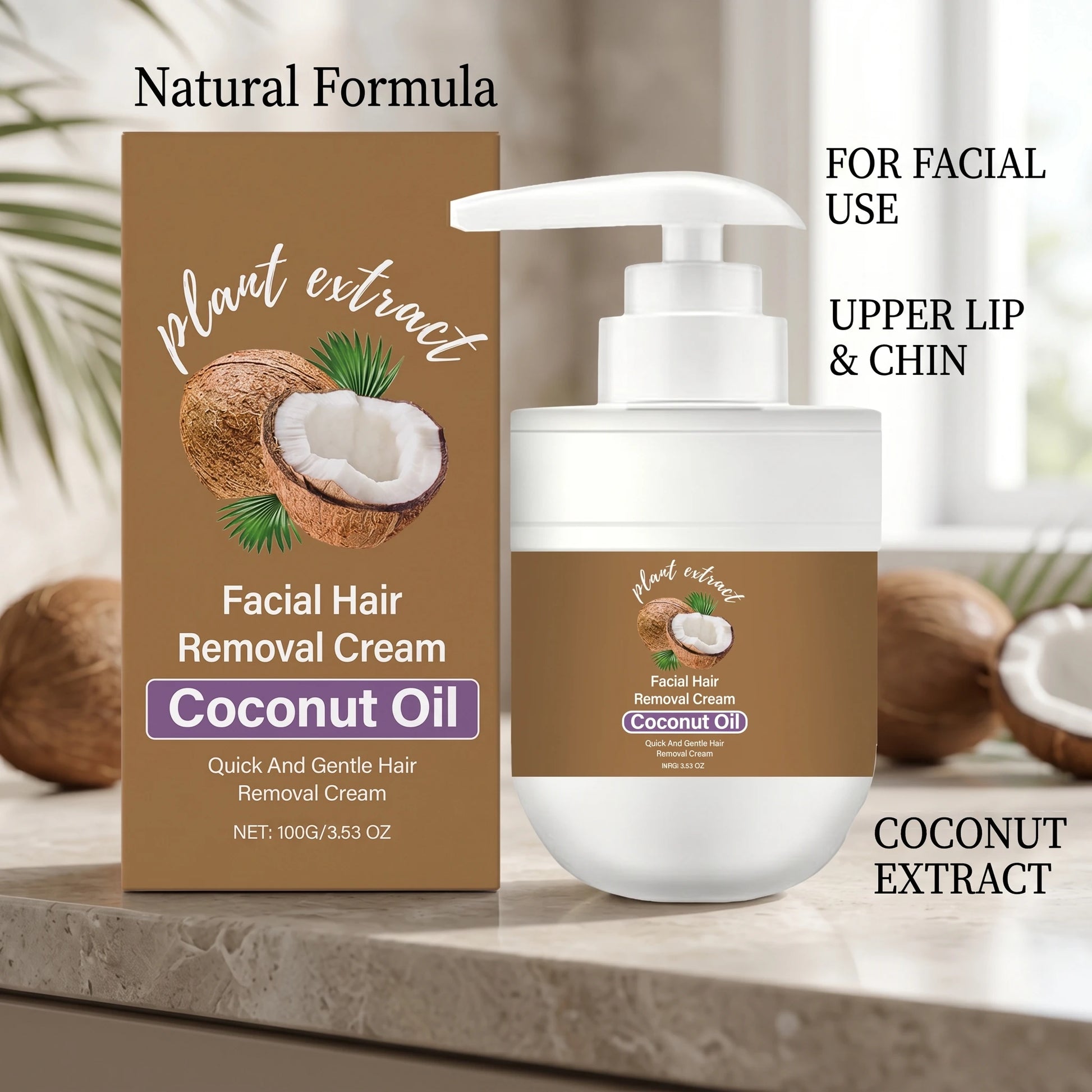 Coconut Oil Facial Hair Removal Cream 100g Painless Depilatory Cream for Face Upper Lip Chin Moisturizing Smoothing Hair Remover Peaceful Pleasures Health and Wellness