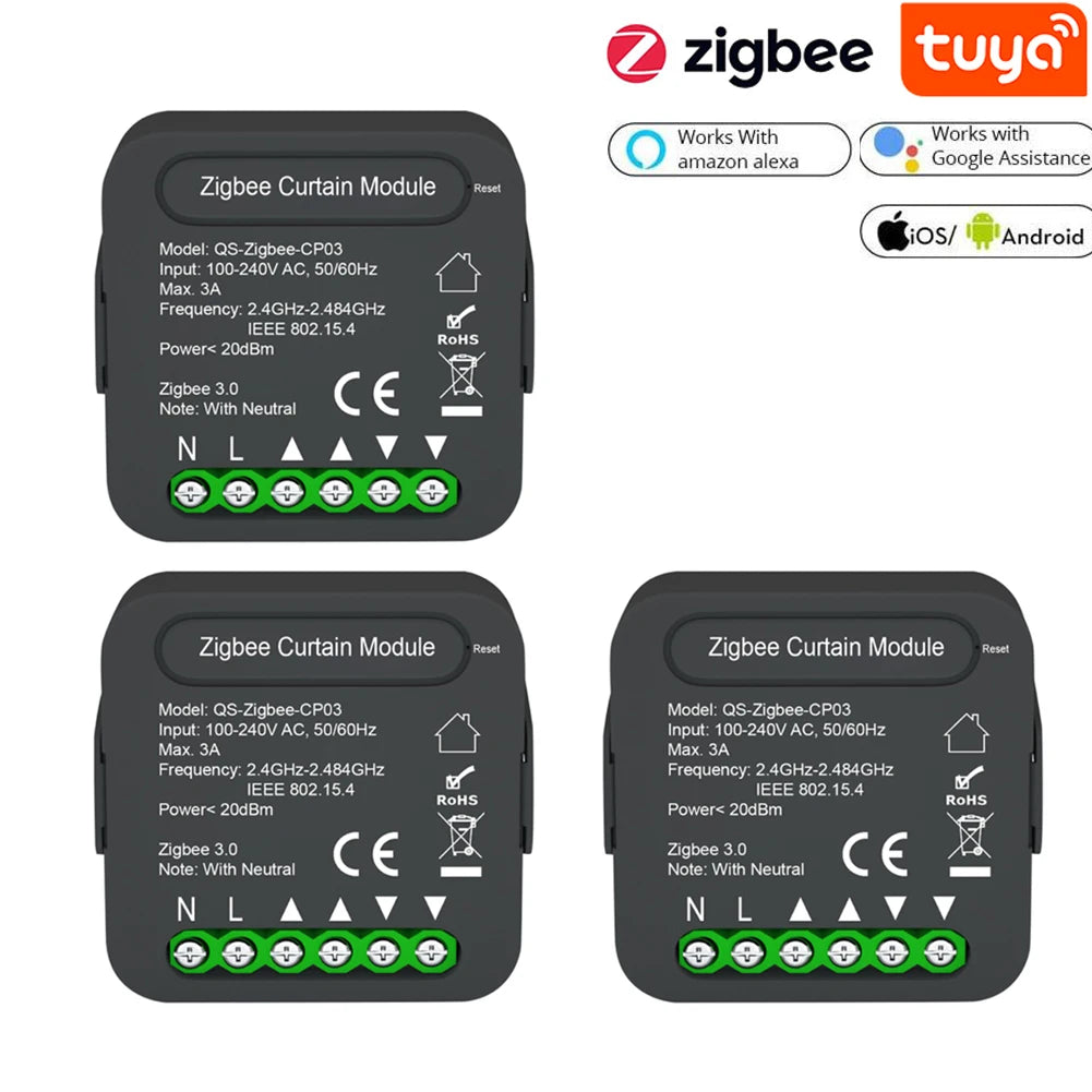 QS-Zigbee/Wifi-CP03 Tuya ZigBee/WiFi Curtain Switch Module for Roller Shutter Blinds Motor Smart Home Google Home Alexa Control Peaceful Pleasures Health and Wellness A Zigbee 3PCS