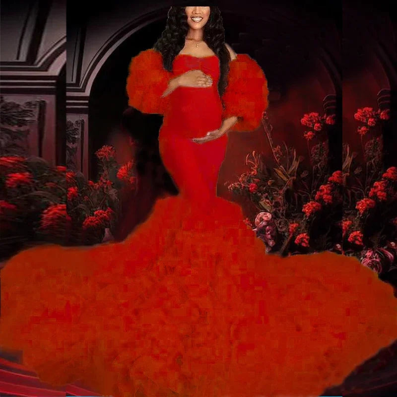 Hot Maternity Dresses Photoshoot Tulle Maxi Gown Baby Shower Ruffles Платье Для Беременных Ropa Платье Вечернее Peaceful Pleasures Health and Wellness RED US 20W