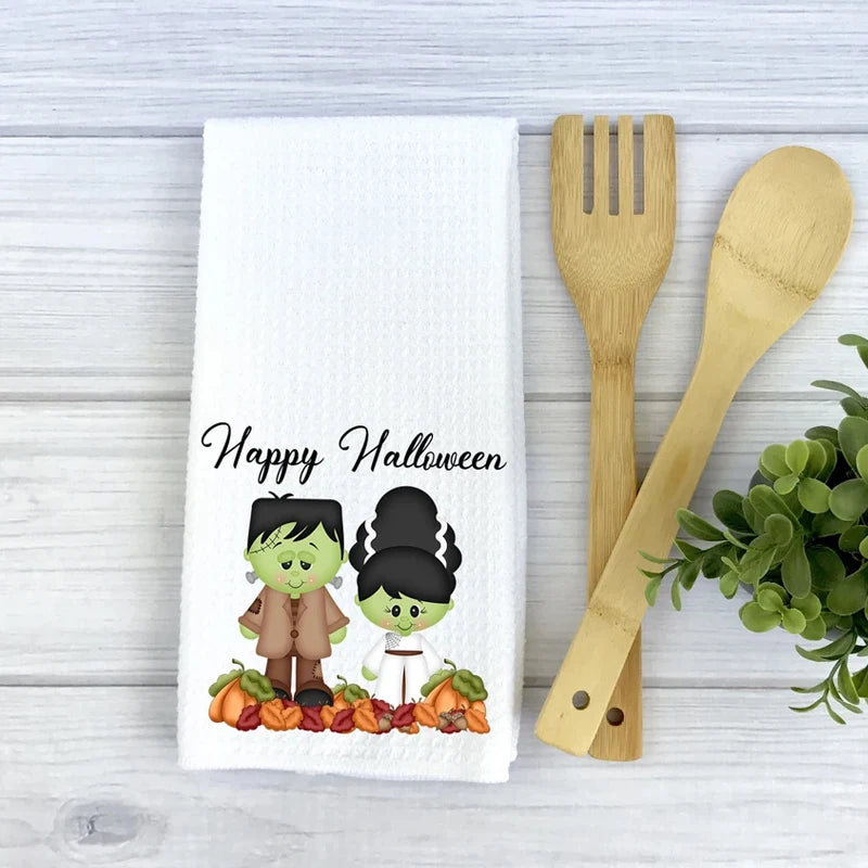 Halloween Waffle Tea Towel | Spooky Black Cat Kitchen Dishcloth