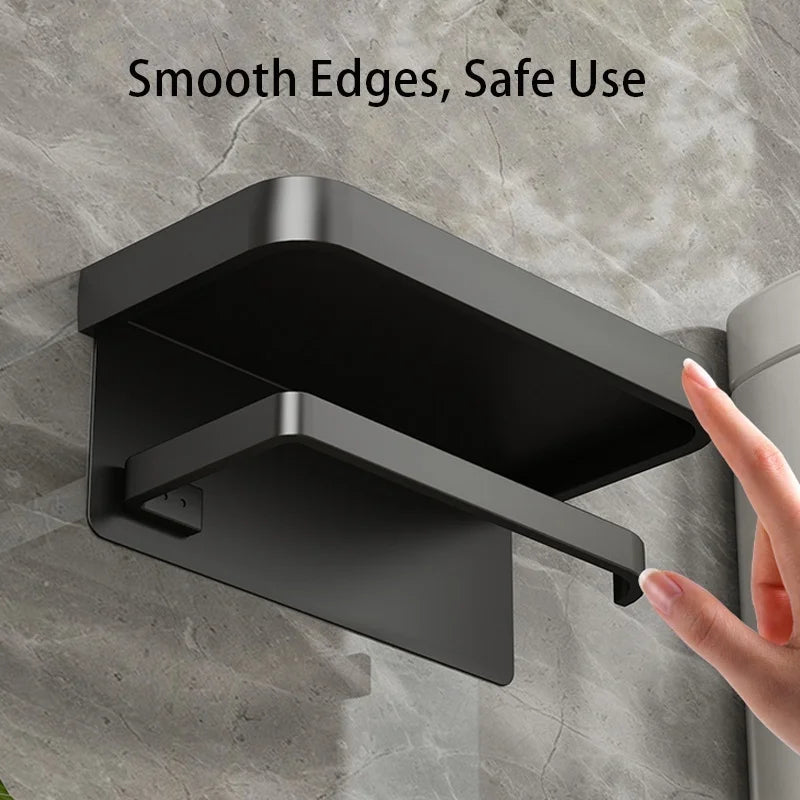 Wall-Mounted Aluminum Toilet Paper Holder with Phone Shelf Toilet Paper Holder Peaceful Pleasures Health and Wellness