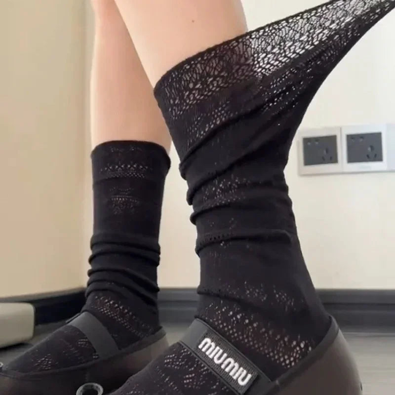 Lolita Sweet White Pile Socks Women Mesh Hollowed Out Thin Nylon Silk Retro Flower Lace Socks Ladies Transparent Crew Socks Peaceful Pleasures Health and Wellness
