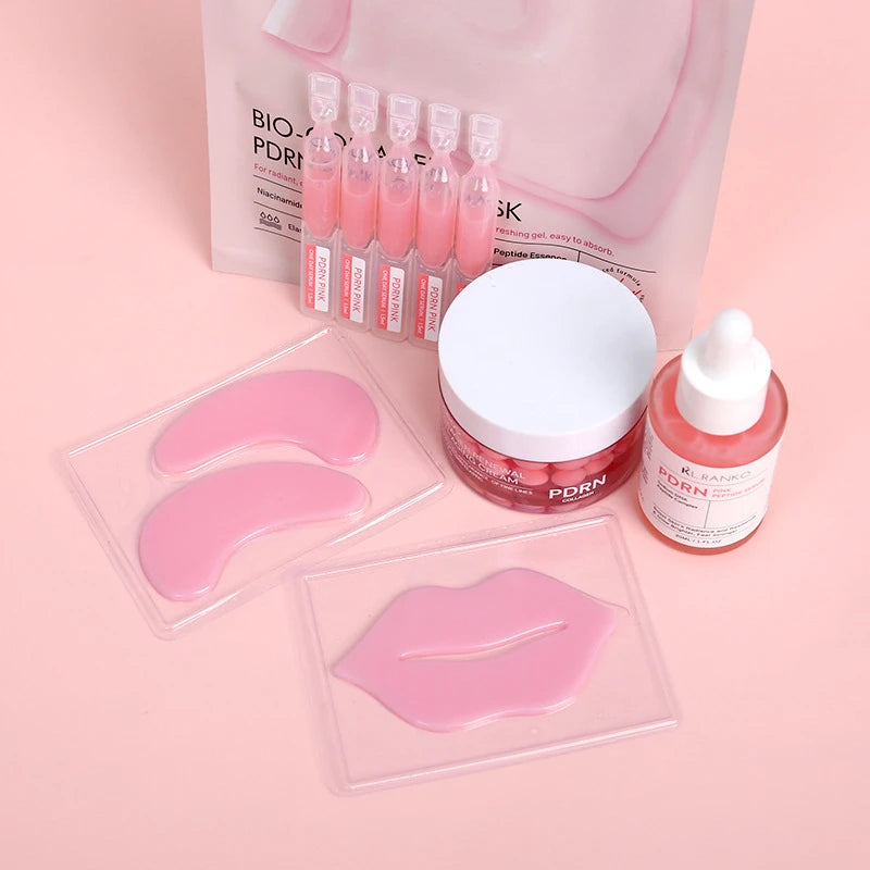 PDRN Pink Skin Care Set with Toner Serum Cream and Masks Hydrating Smoothing Daily Facial Care Kit for Moisturized Plump Skin Peaceful Pleasures Health and Wellness