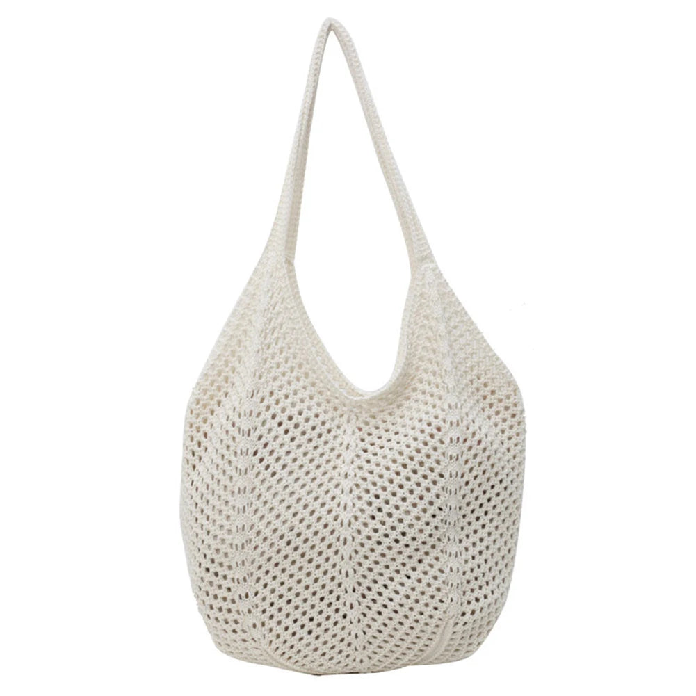 Women Knitting Shoulder Bag Solid Color Hollow Summer Bag Large Capacity Knitted Tote Handbag Female Outdoor Bag Peaceful Pleasures Health and Wellness