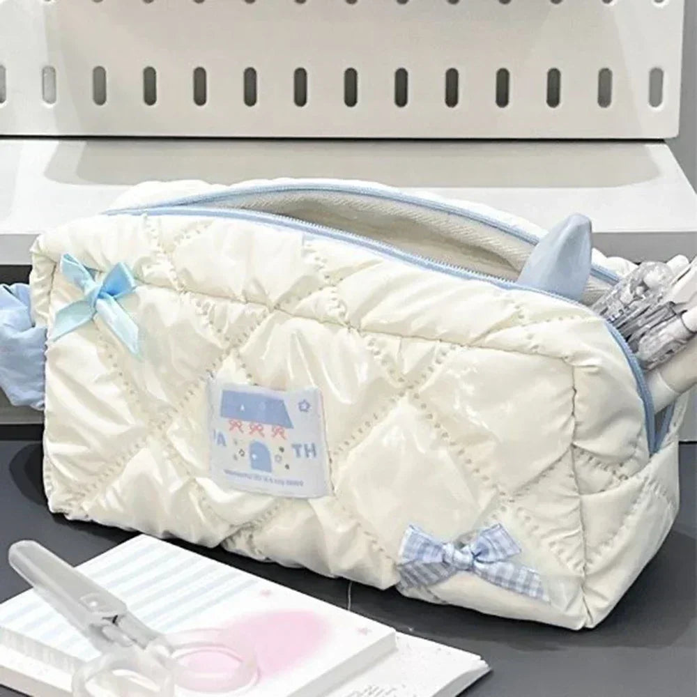 Blue White Bow Pencil Bag Large Capacity Stationery Bag Travel Storage Bag Women'S Cosmetic Bags Cute Design Girls Pencil Case Peaceful Pleasures Health and Wellness