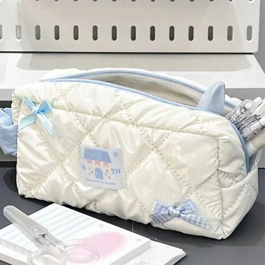 Blue White Bow Pencil Bag Large Capacity Stationery Bag Travel Storage Bag Women'S Cosmetic Bags Cute Design Girls Pencil Case Peaceful Pleasures Health and Wellness