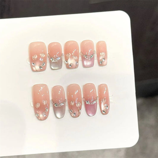 Handmade Press-On Nails Pink Gradient Cat Eye Coffin 10pcs Press-On Nail Set Peaceful Pleasures Health and Wellness