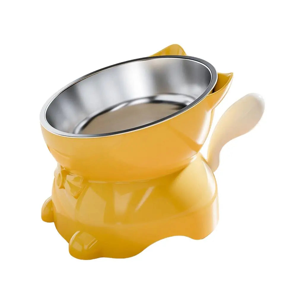 Increased Neck Protection High Quality Water Bowl Healthy Safe Stainless Steel Cat Bowl Anti-overturning Oblique Mouth Pet Bowl Peaceful Pleasures Health and Wellness Yellow