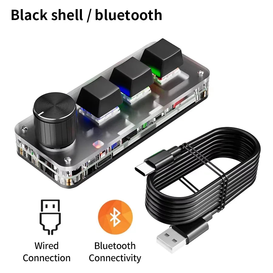 3 Keys 1 Knob Customize Keyboard 2.4G Bluetooth Programming Macro Mechanical Keyboard Hot Plug Keypad Shortcut Key E-sports Game Peaceful Pleasures Health and Wellness Black Bluetooth