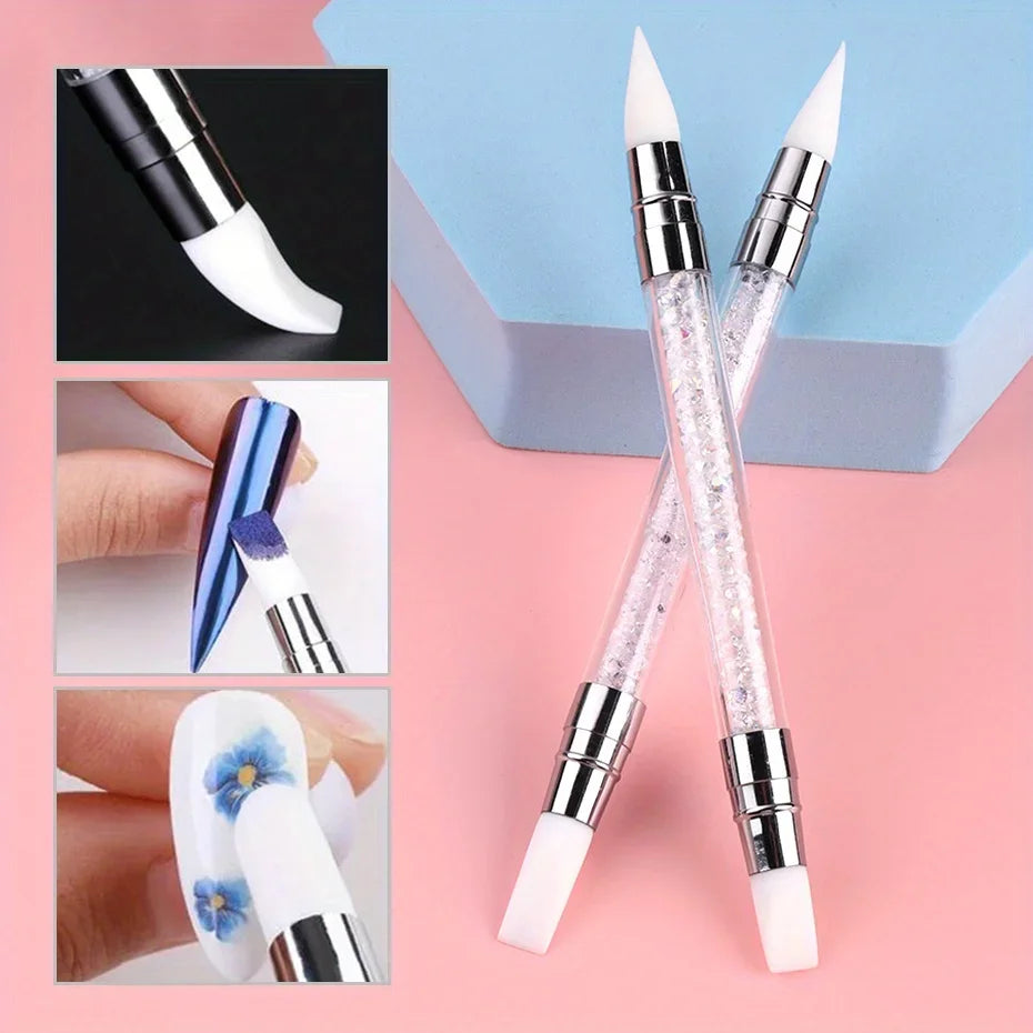 2pcs Double Head Silicone Nail Art Pen Carving Flower Sculpting Pen Adjustable Glue Stick Embossing Brush Professional Manicure Peaceful Pleasures Health and Wellness