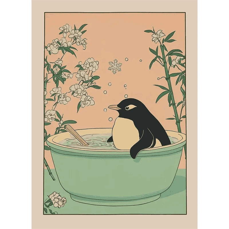 Japanese Cute Animals Bathtub Canvas Wall Art | Bathroom Decor