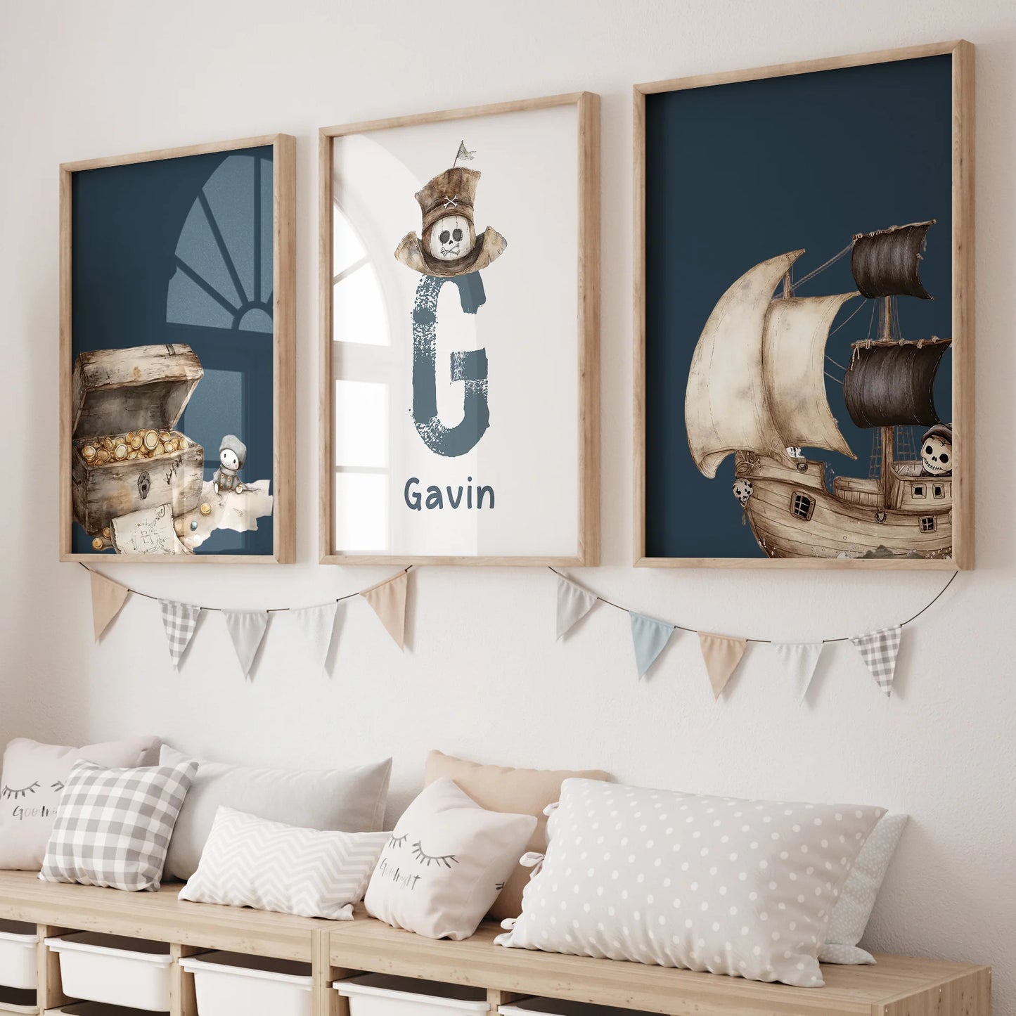 3-Piece Personalized Pirate Ship Canvas Wall Art | Kids Room Decor