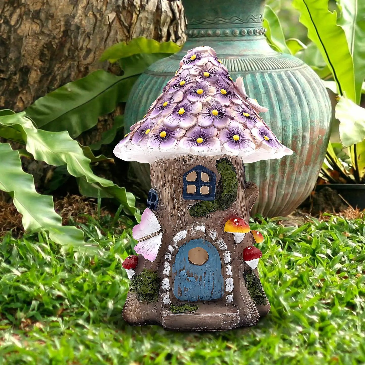 Fairy Garden House Solar Outdoor Statue, Light Up Mushroom Figurines Lawn Decorations for Yard, Fairies for Miniature House Peaceful Pleasures Health and Wellness