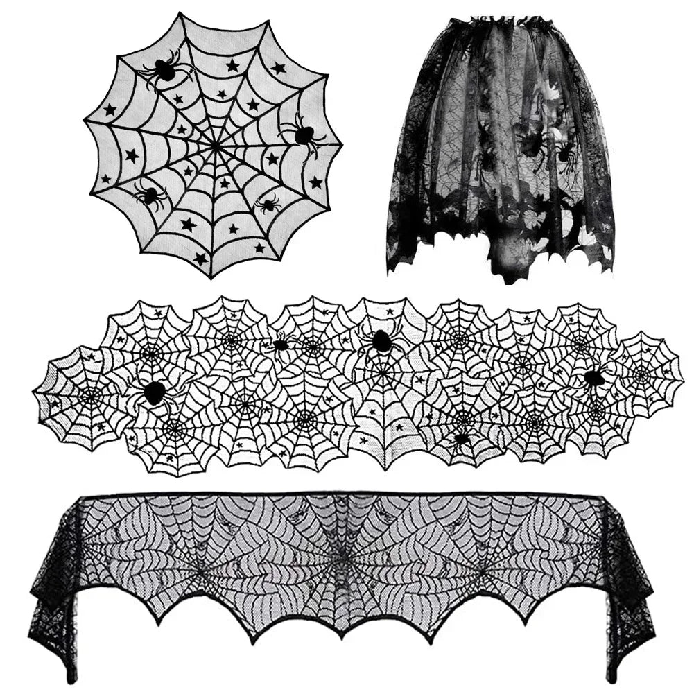 Halloween Black Lace Tablecloth – Spider Web & Bat Table Cover