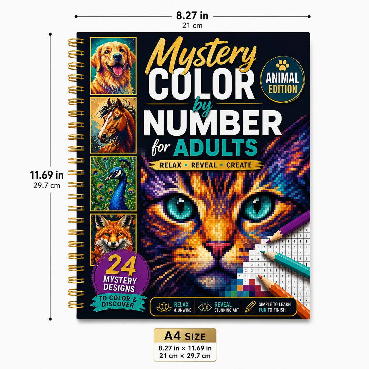Mystery Number Adults A4 Spiral Coloring Book Animal Edition 24